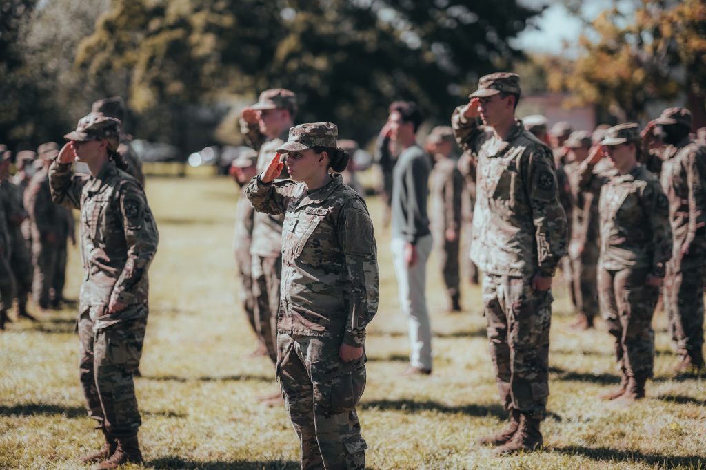 Cadets practice drill and ceremony during a recent lab