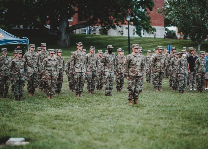 Cadets standing at attention during Drill and Ceremony lab