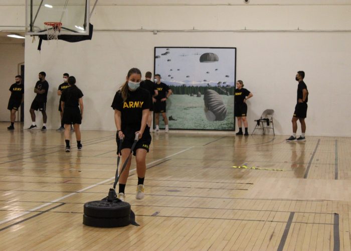 Practicing for the sprint-drag-carry portion of the ACFT
